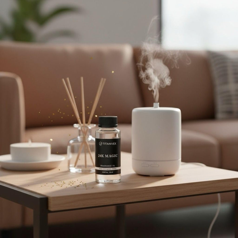 TitanVex 24K Magic Diffuser Oil compatibility—works with cold-air diffusers for even dispersion.