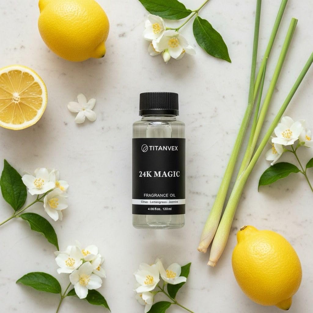 TitanVex 24K Magic Diffuser Oil label—vegan, paraben-free formula details.