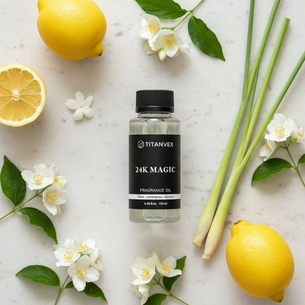 TitanVex 24K Magic Diffuser Oil label—vegan, paraben-free formula details.