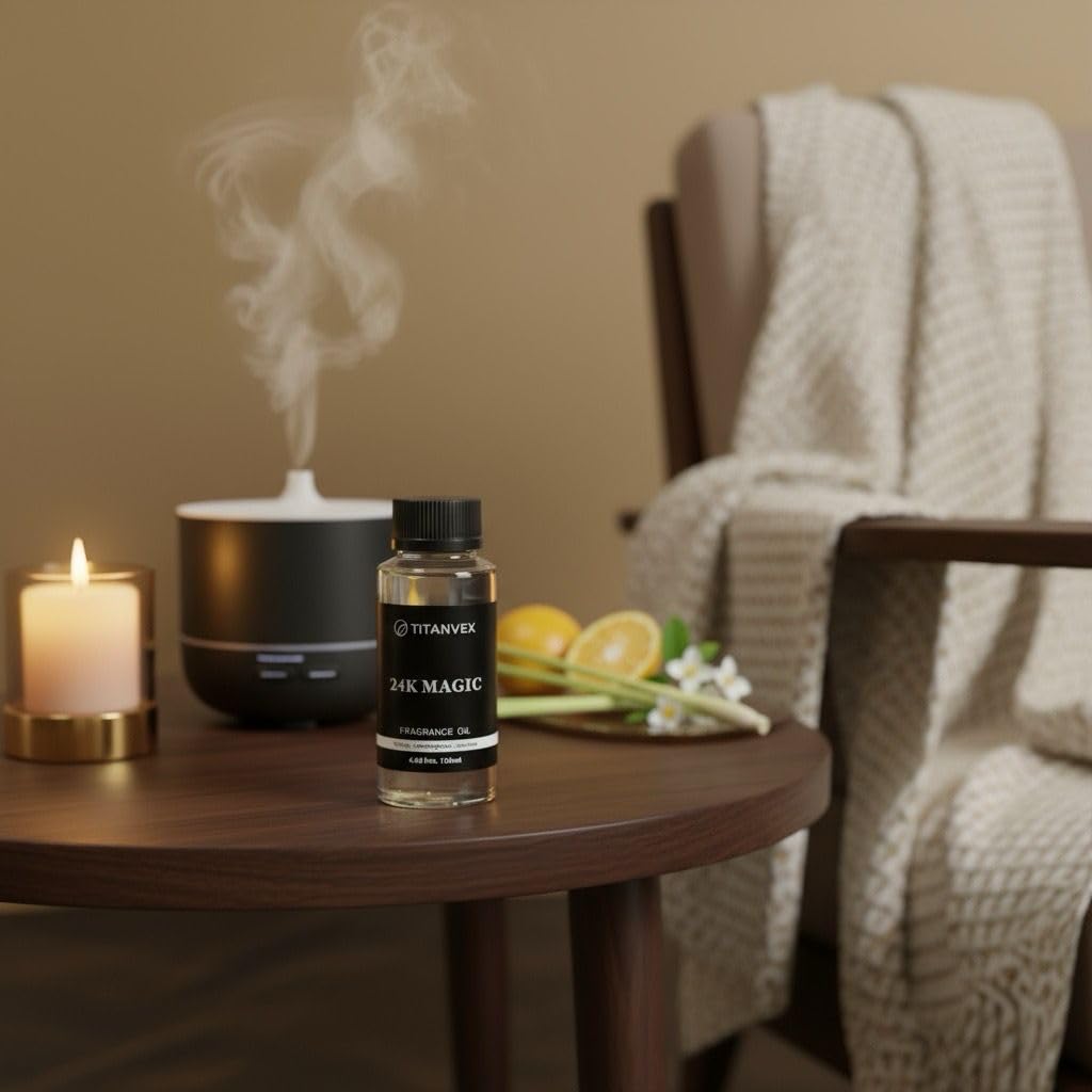 TitanVex 24K Magic Diffuser Oil flatlay—luxury aromatics for home spa moments.