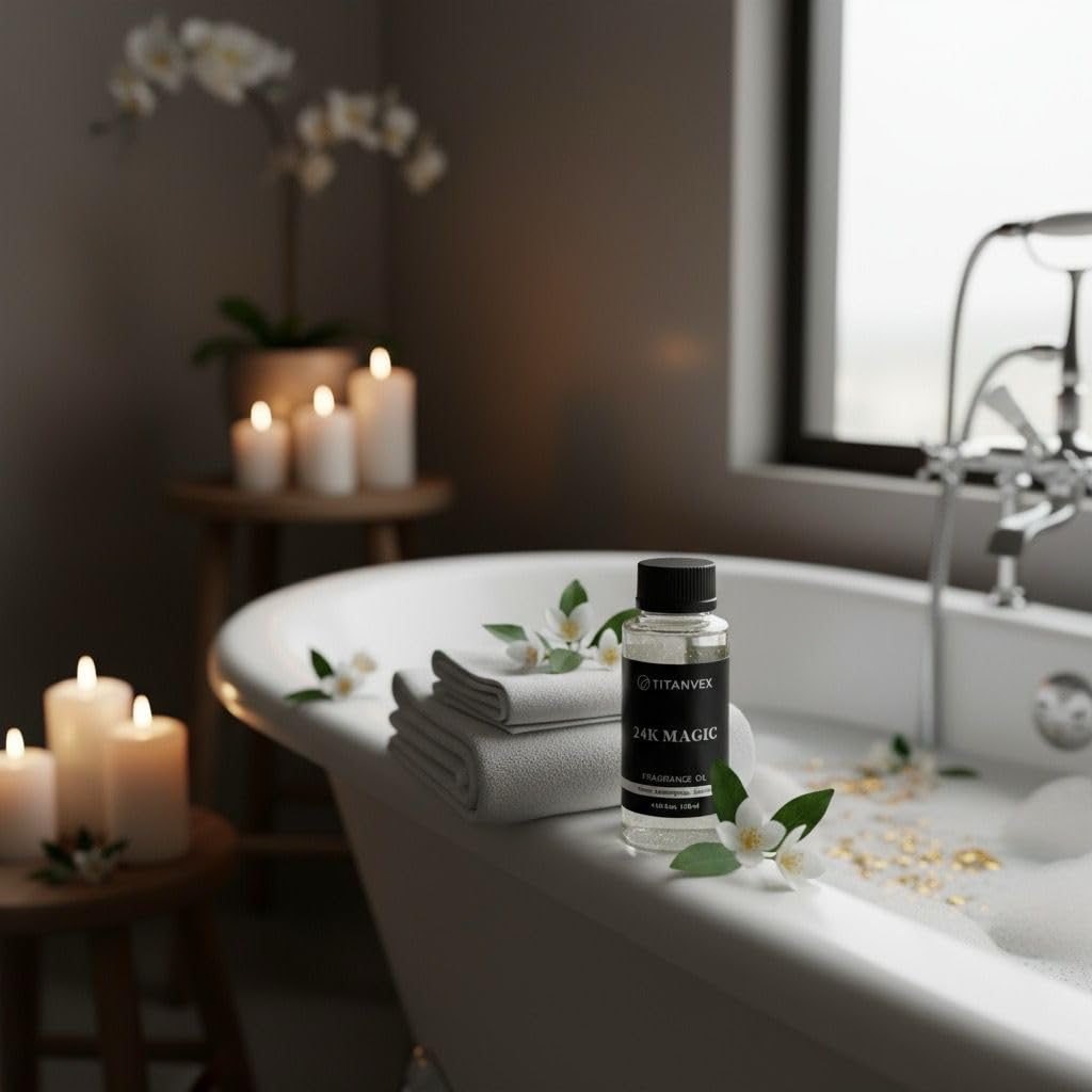 TitanVex 24K Magic Diffuser Oil on nightstand—calming hotel-inspired ambiance.