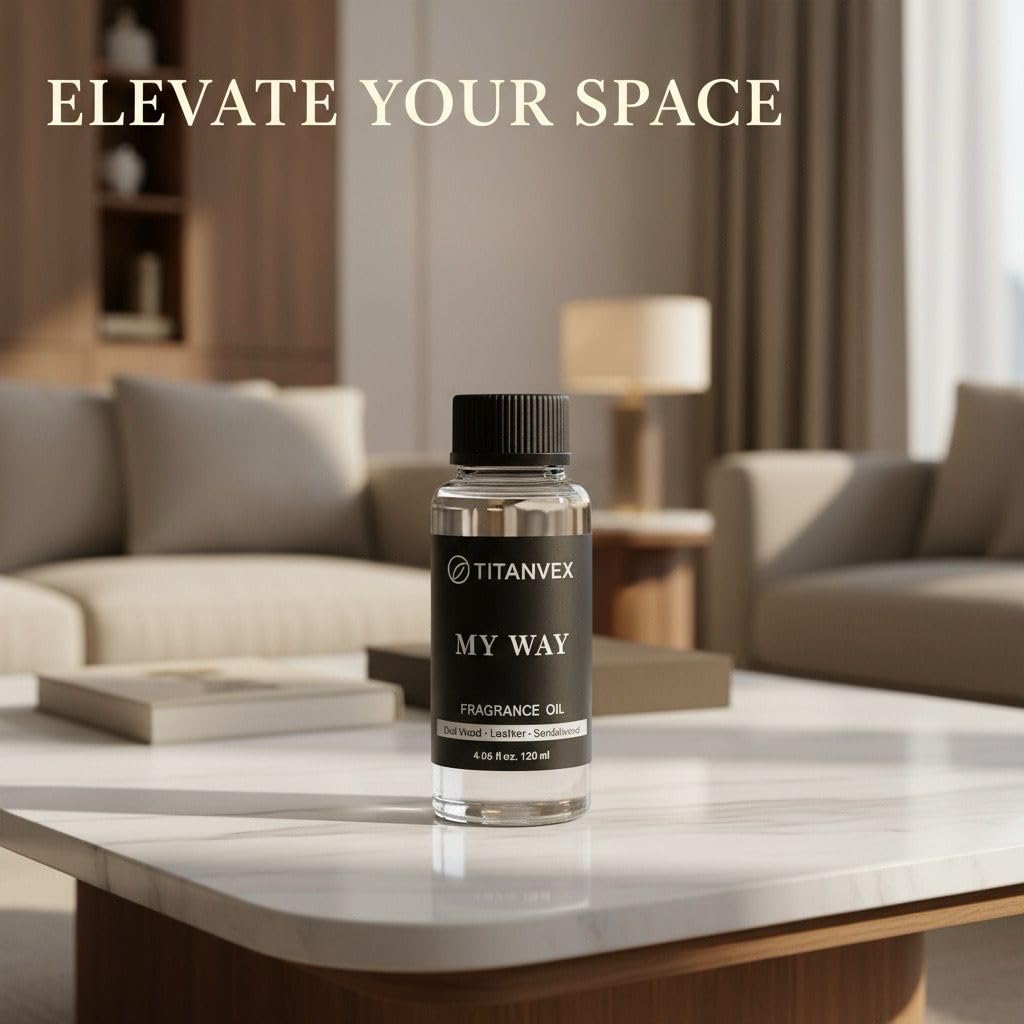 TitanVex My Way bottle beside wooden diffuser evoking luxury hotel comfort