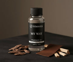 TitanVex My Way diffuser oil label close-up highlighting clean, hotel-inspired notes
