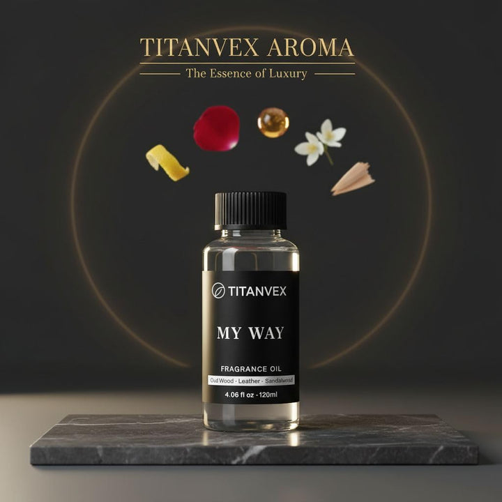 TitanVex My Way diffuser oil packaging box suggesting premium vegan formula for home use