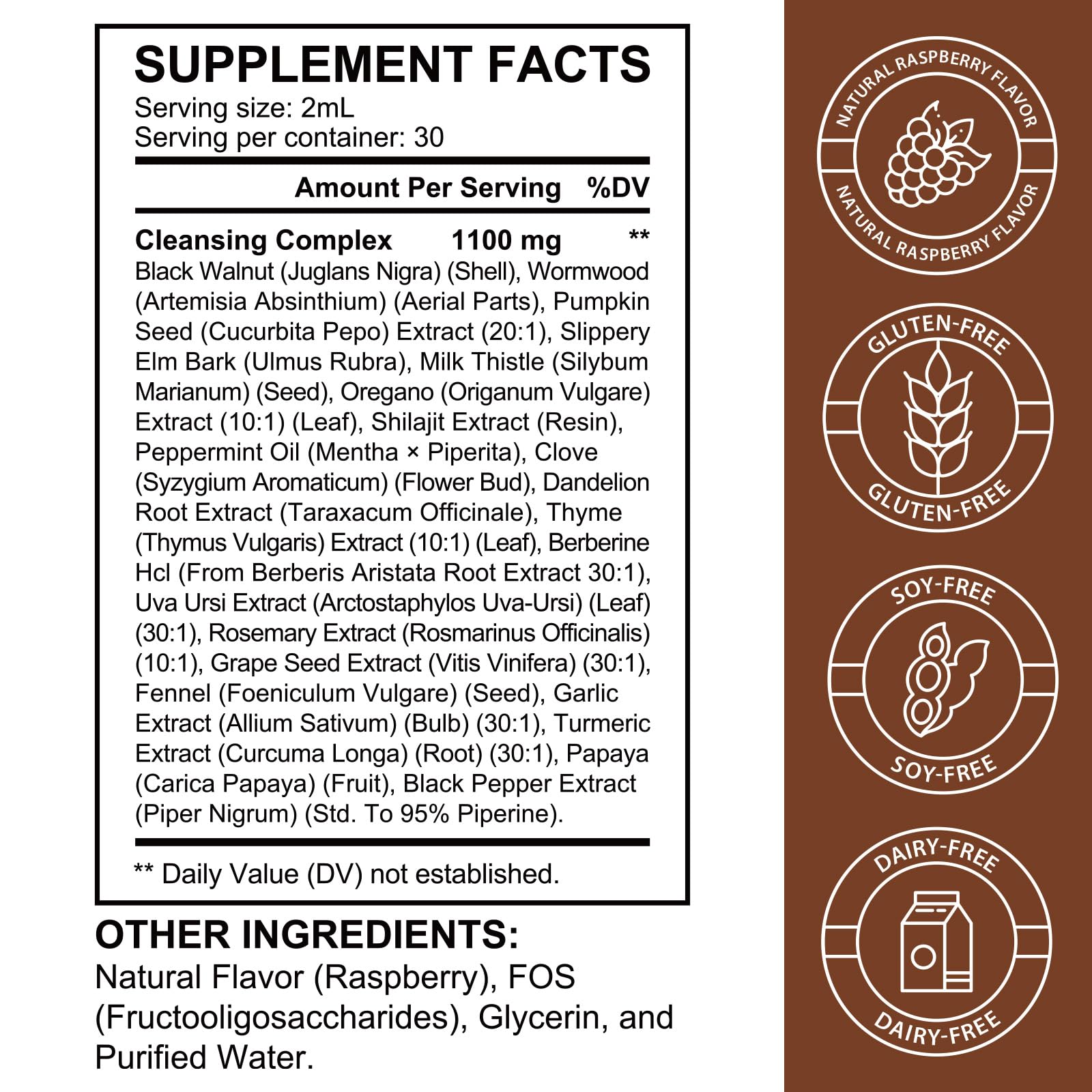Tiuedu raspberry-flavored label shows gluten-free and dairy-free formula.