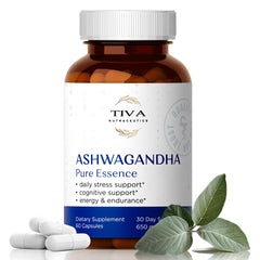 TIVA Ashwagandha capsules bottle for daily stress support and calm energy