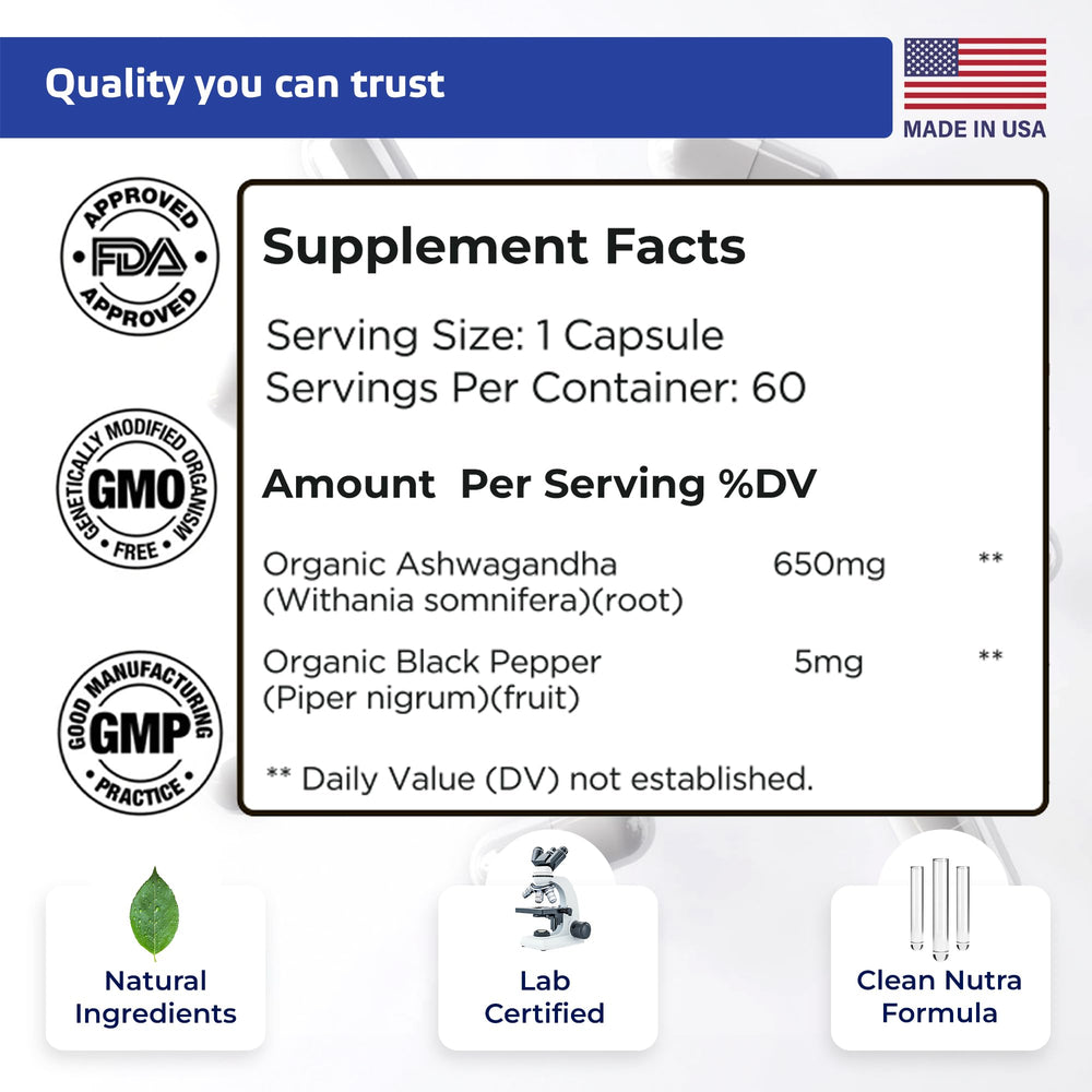 TIVA Ashwagandha capsules closeup showing 650 mg strength