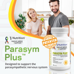 Parasym Plus bottle with a glass suggesting daily routine and relaxed focus.