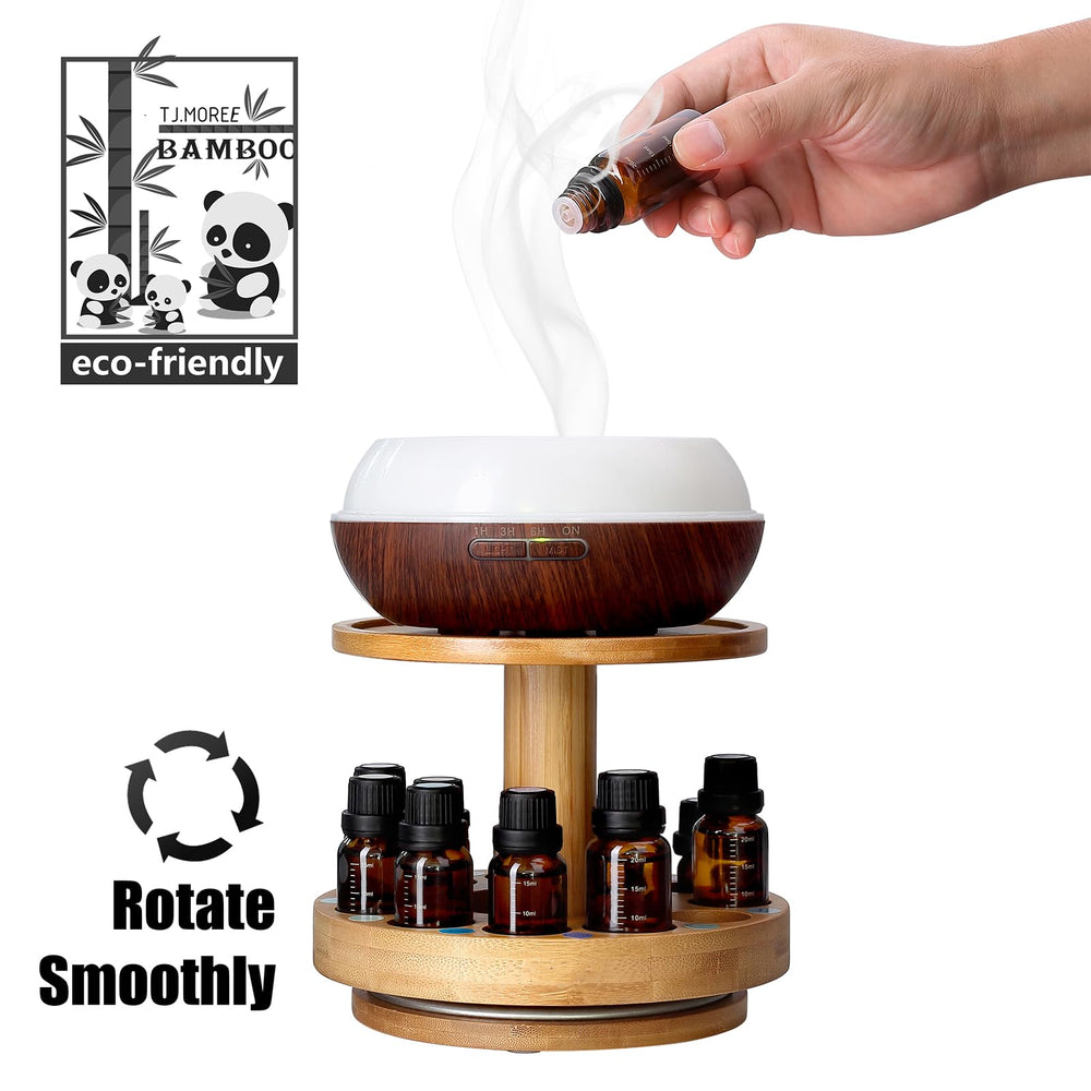 TJ.MOREE Bamboo Diffuser Holder Carousel bottle storage supports 5ml to 20ml sizes.