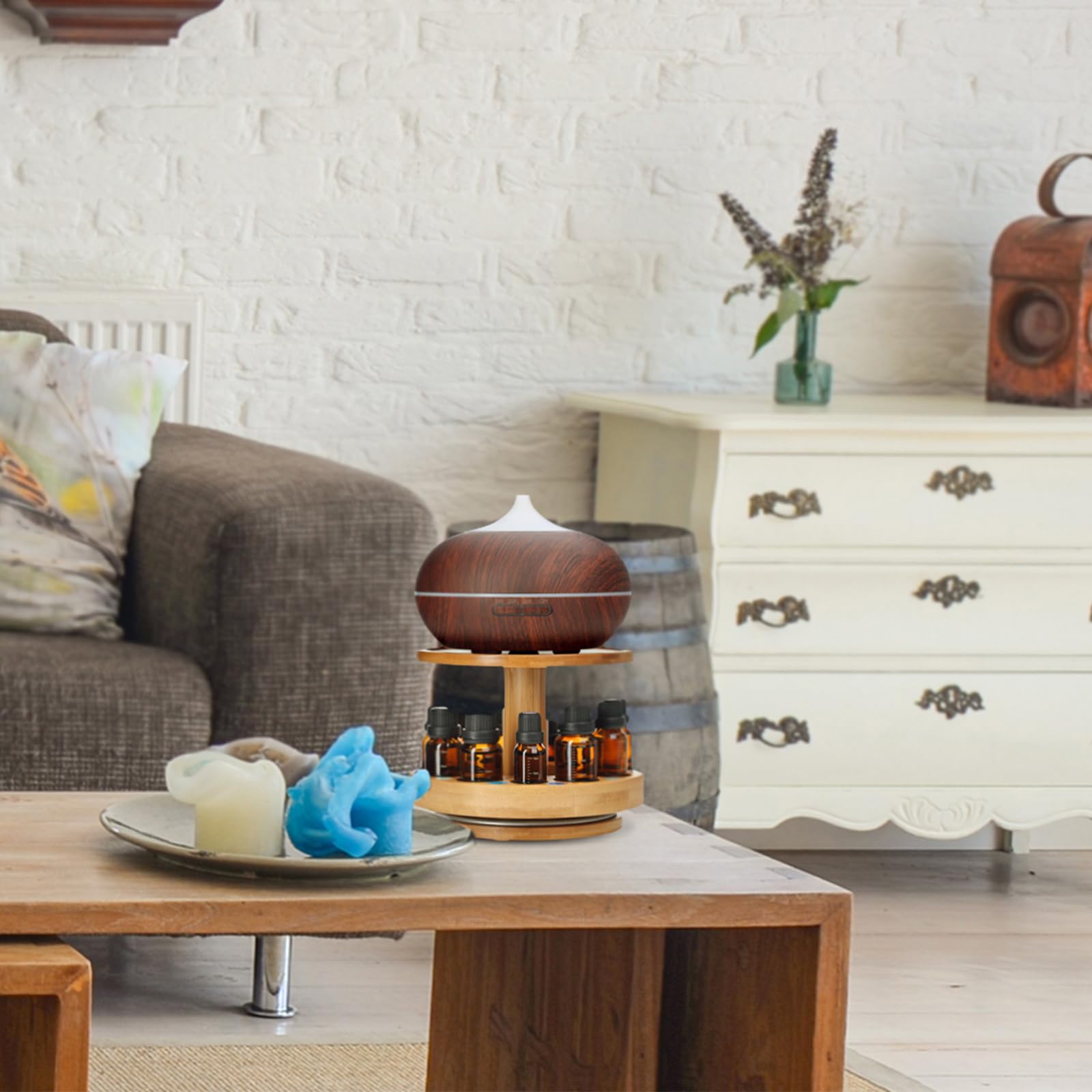 TJ.MOREE Bamboo Diffuser Holder Carousel compact footprint fits desks and shelves.