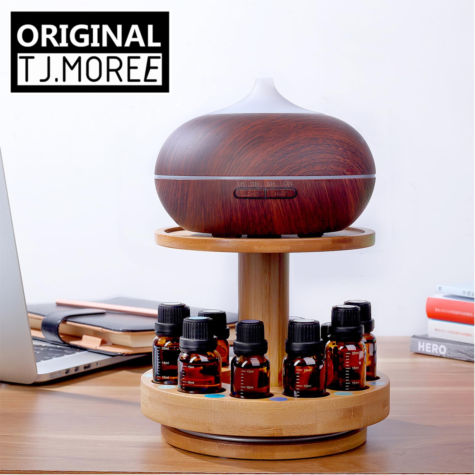 TJ.MOREE Bamboo Diffuser Holder Carousel near washing machine adds scent.