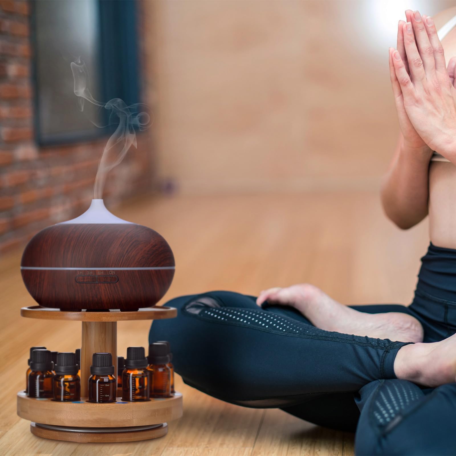 TJ.MOREE Bamboo Diffuser Holder Carousel storage area keeps bottles organized within reach.