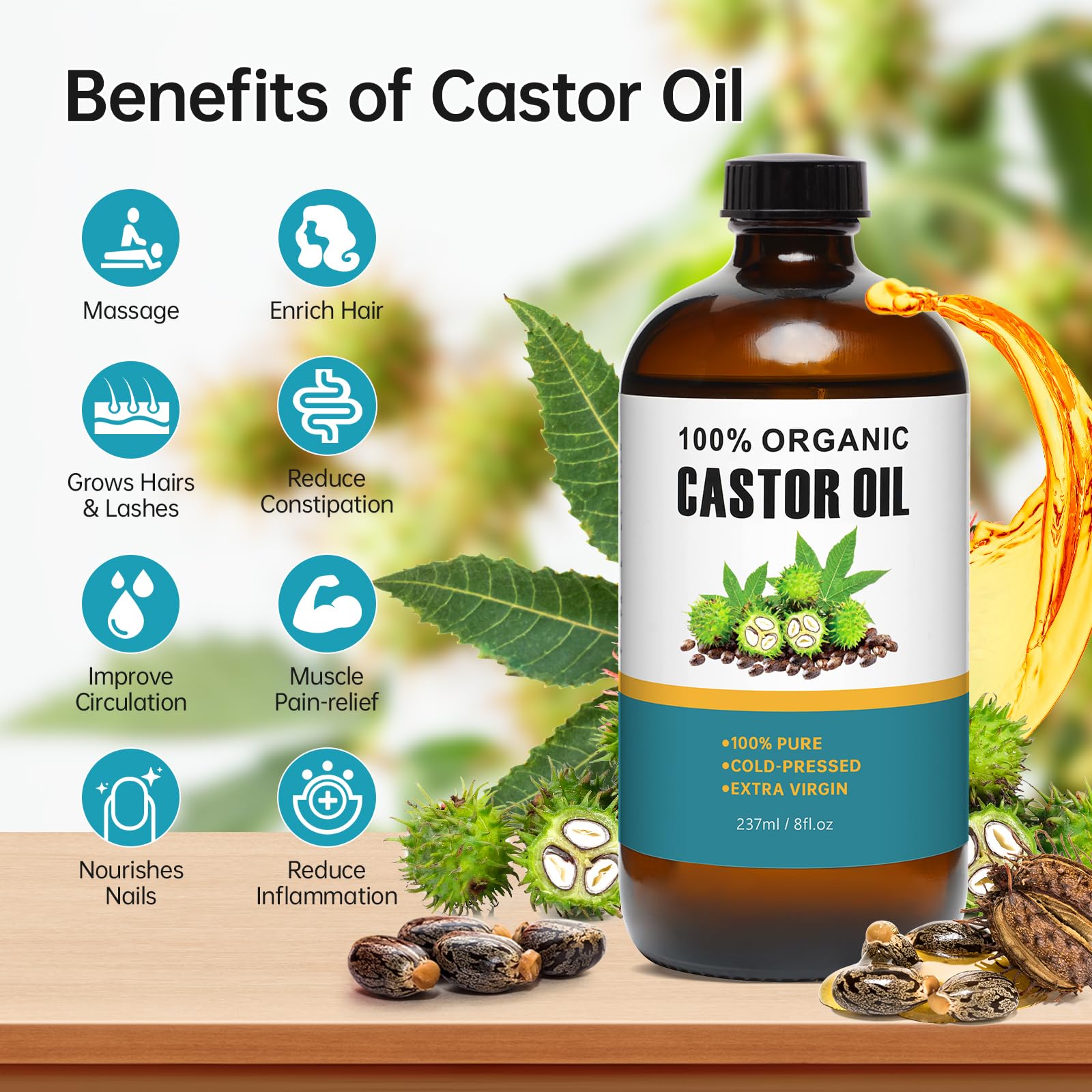 TJJSNA Organic Castor Oil bottle in amber glass protects freshness.