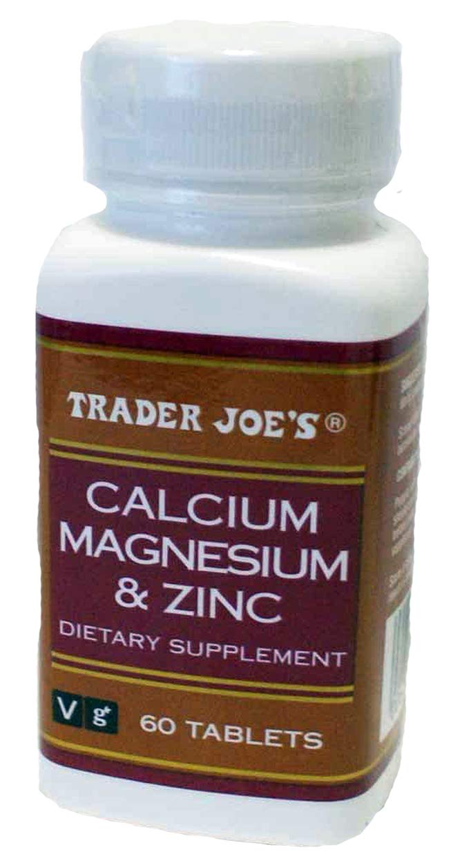 Trader Joe's calcium magnesium zinc bottle for daily mineral support.