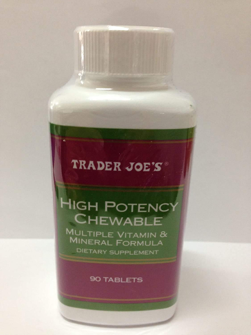 TJ's High Potency Chewable bottle with 90 tablets, a convenient daily multivitamin for busy days
