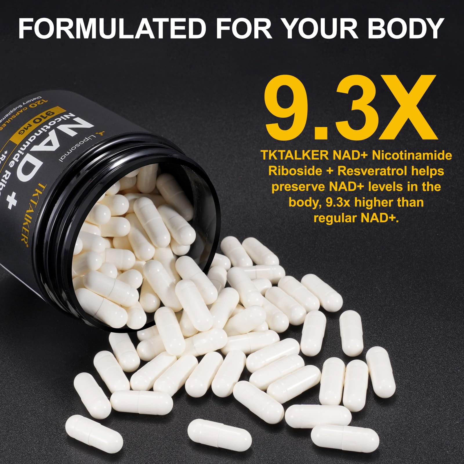 TKTALKER NAD supplement capsules shown for energy and cellular health use.