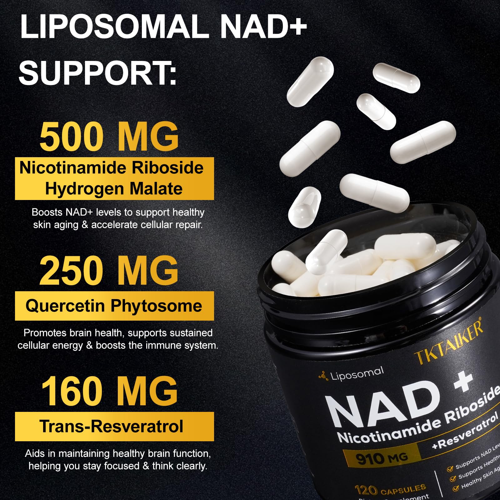 TKTALKER NAD supplement label close-up highlighting NR and resveratrol for cellular support.