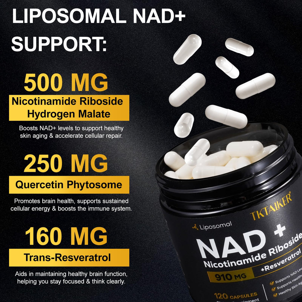 TKTALKER NAD supplement label close-up highlighting NR and resveratrol for cellular support.