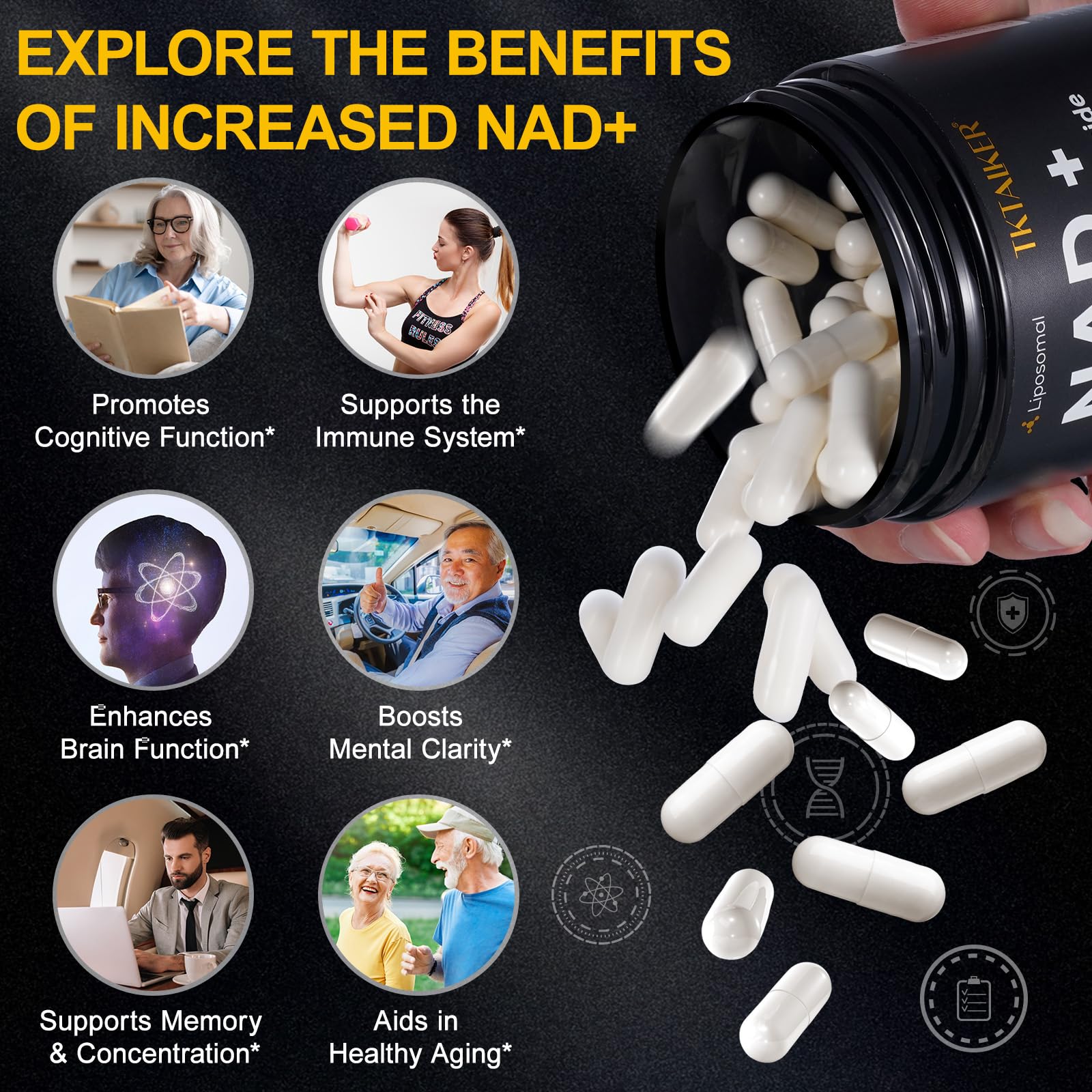 TKTALKER NAD supplement pouring capsules to show easy daily intake.