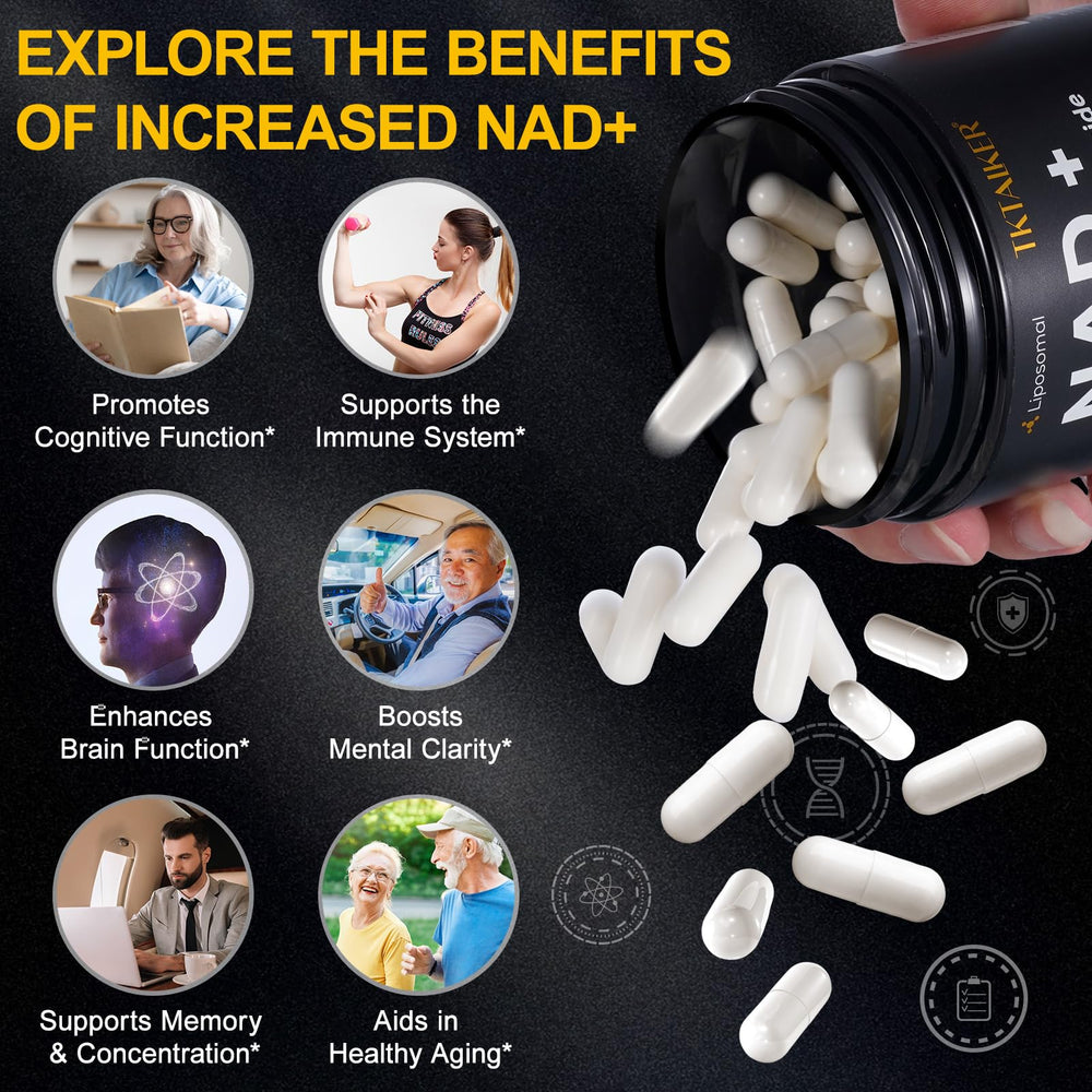 TKTALKER NAD supplement pouring capsules to show easy daily intake.