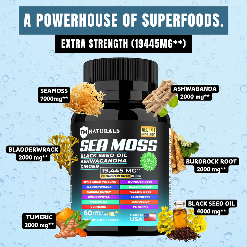 TM NATURALS Ashwagandha capsules for balanced mood and energy.