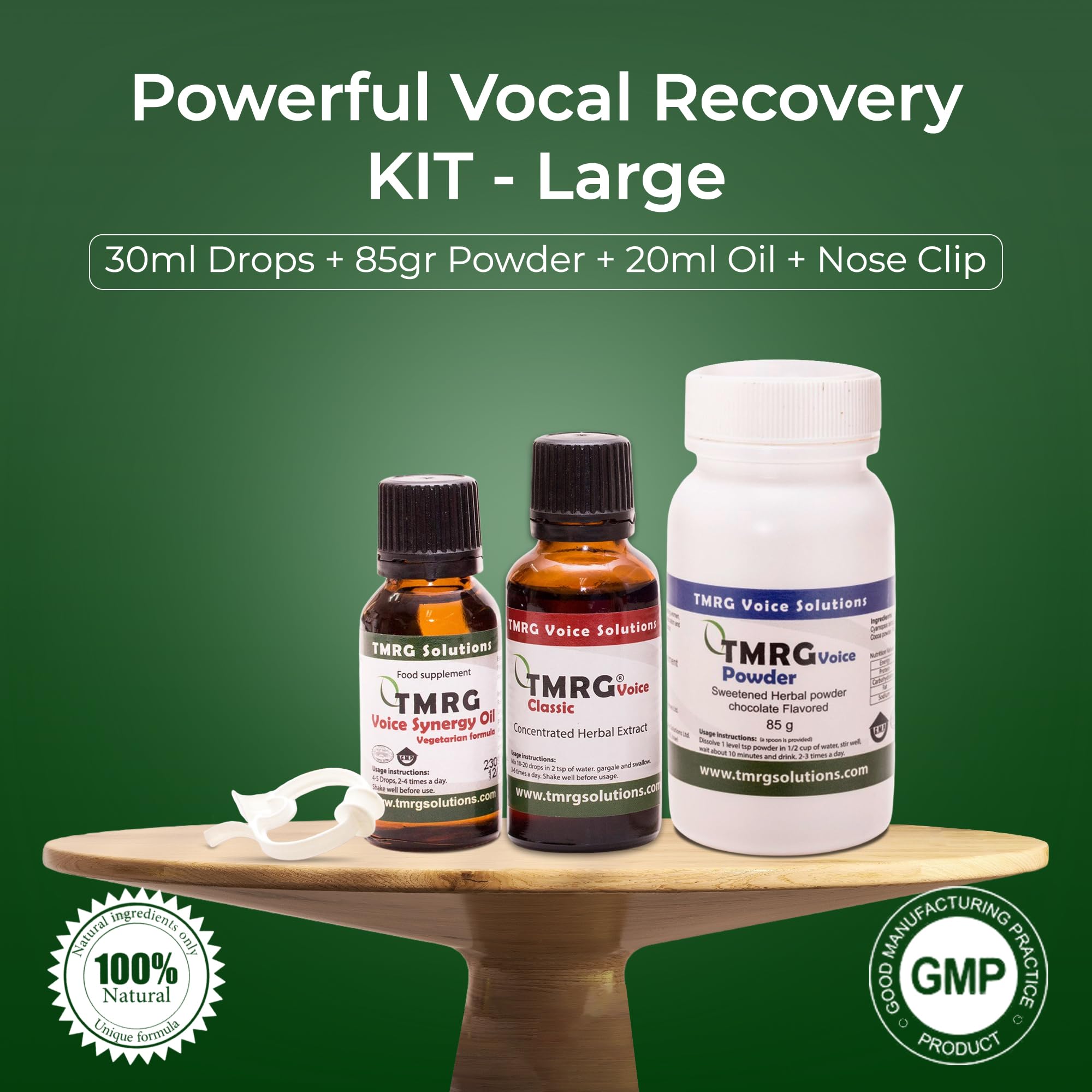 TMRG Synergy Oil bottle shown for harmonious vocal support during use.