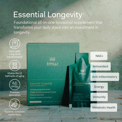 TMW Essential Longevity image highlights liposomal absorption for better nutrient delivery.
