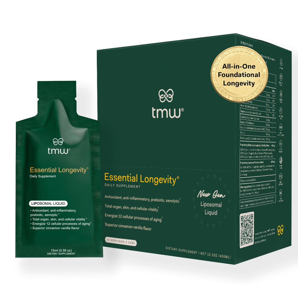 TMW Essential Longevity sachet pour demonstrates a convenient daily dose for energy support.