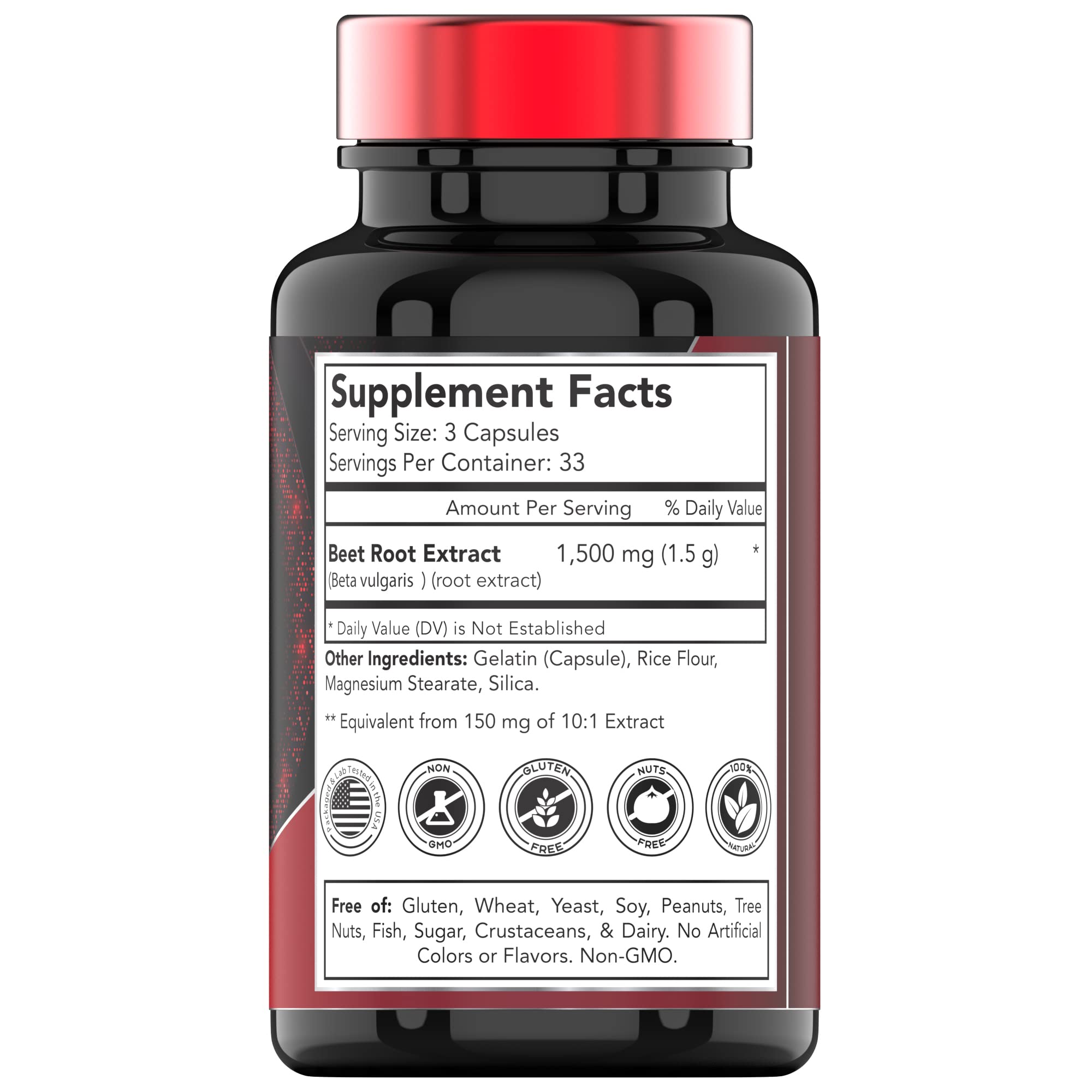 TNVitamins Beet Root Capsules bottle back highlighting non-GMO and gluten-free assurance.