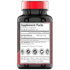 TNVitamins Beet Root Capsules bottle back highlighting non-GMO and gluten-free assurance.