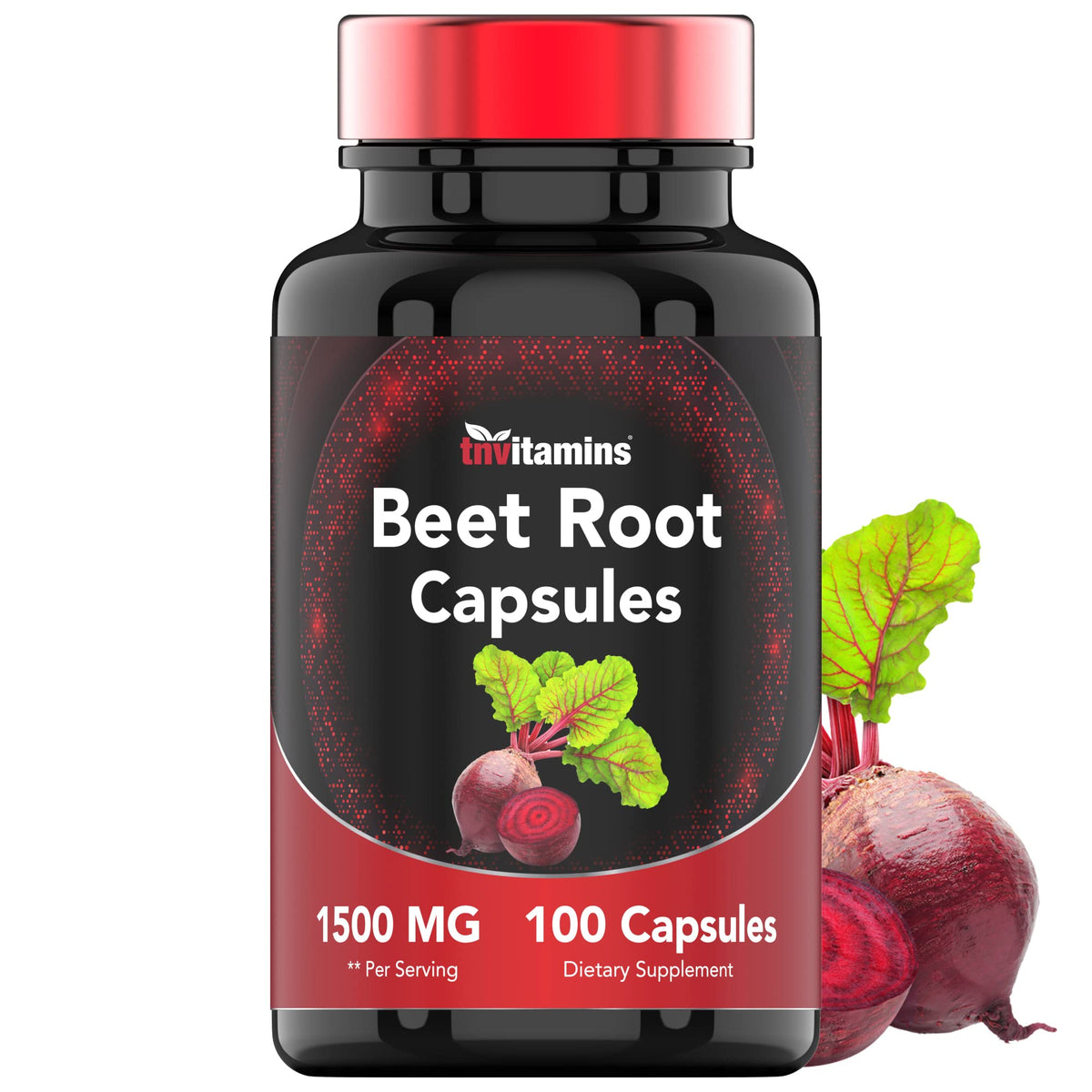 TNVitamins Beet Root Capsules bottle front showing 1500 mg per capsule for potential cardiovascular support.