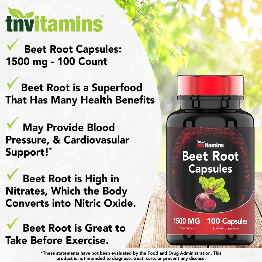 TNVitamins Beet Root Capsules closeup pills illustrating easy daily intake.