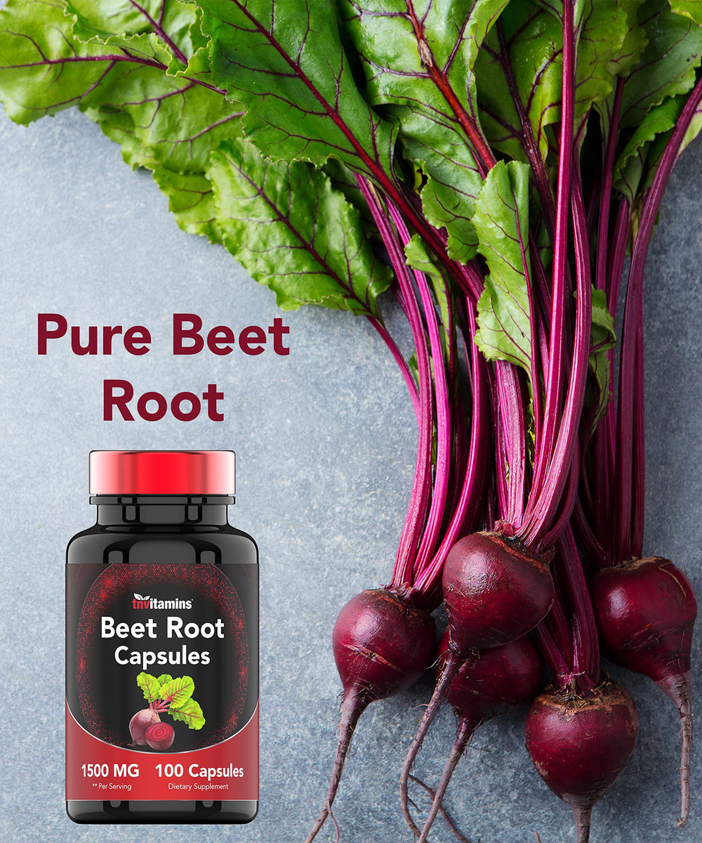 TNVitamins Beet Root Capsules nutrition panel highlighting minerals and antioxidants.