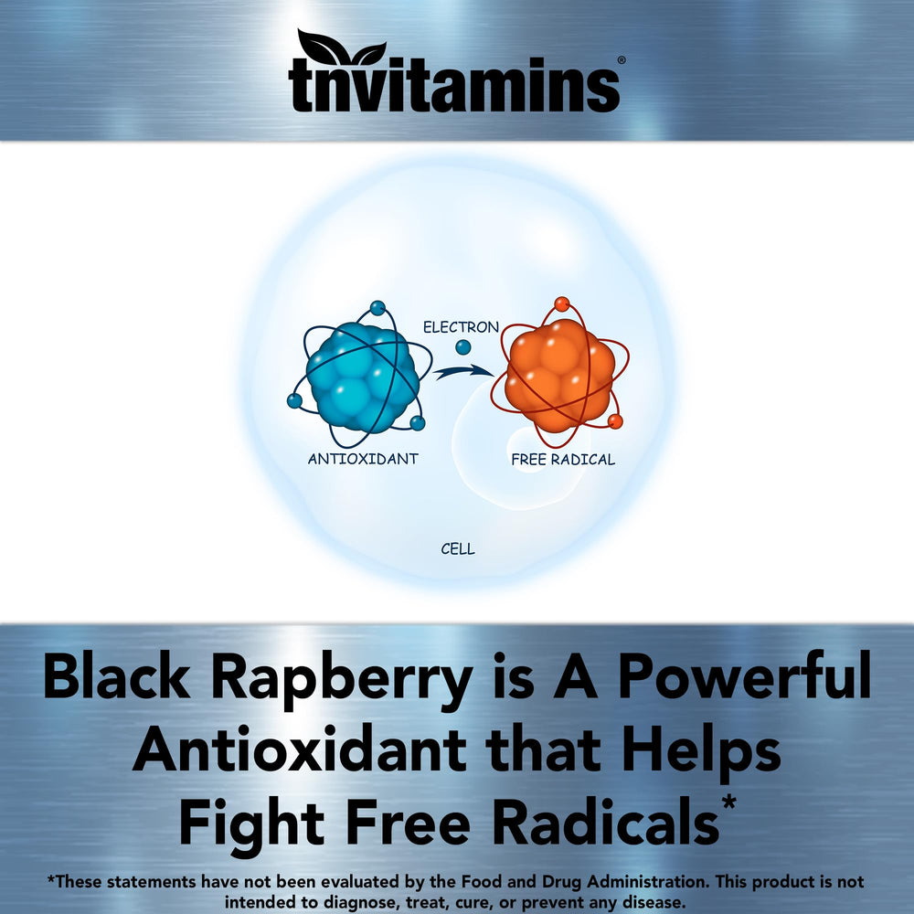 tnvitamins Black Raspberry Capsules free from gluten, dairy, soy for sensitive diets.