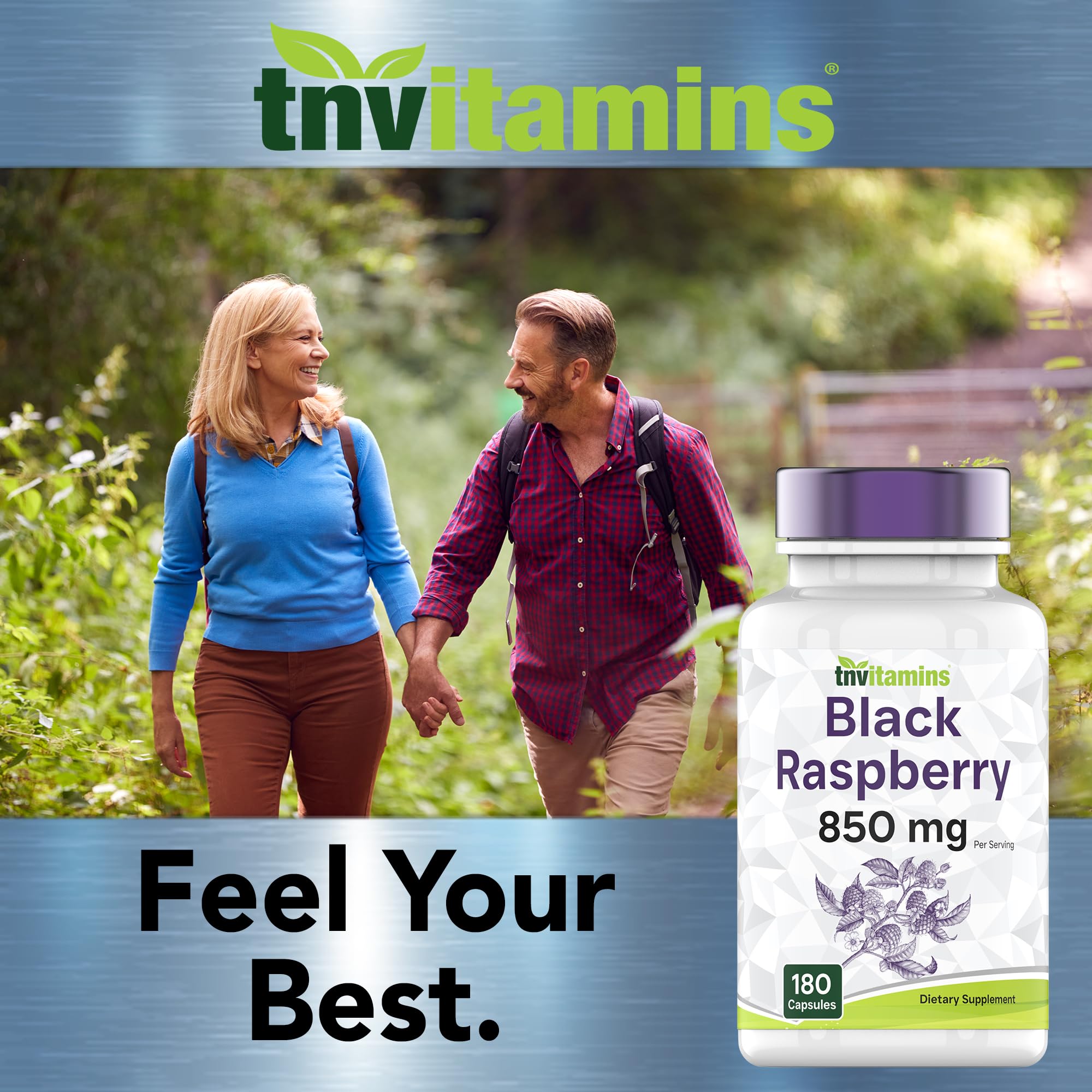 tnvitamins Black Raspberry Capsules close-up label highlights non-GMO USA-made formulation.