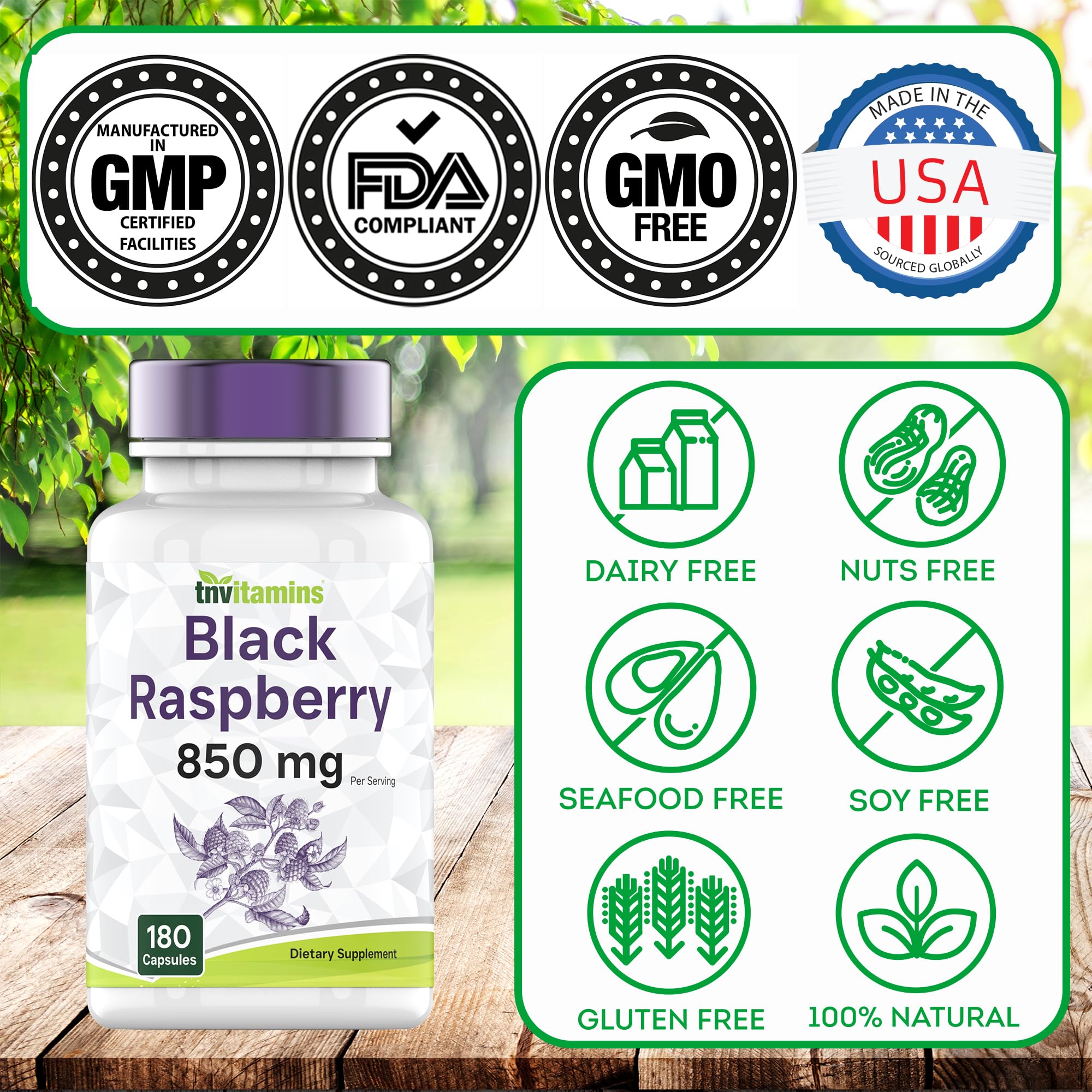 tnvitamins Black Raspberry Capsules non-GMO and allergen-free packaging.