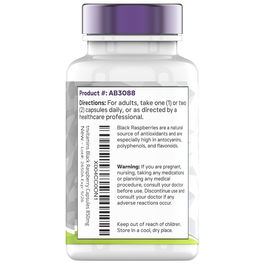 tnvitamins Black Raspberry Capsules product packaging with clear label and capsule count.