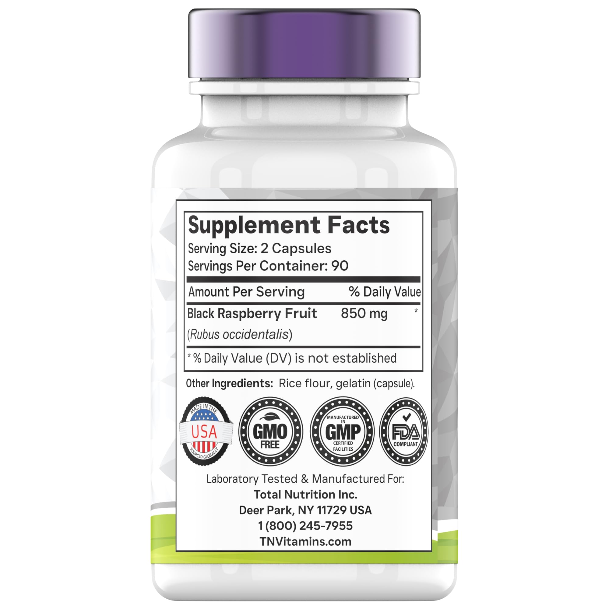tnvitamins Black Raspberry Capsules pour displaying easy-to-take serving for daily wellness.