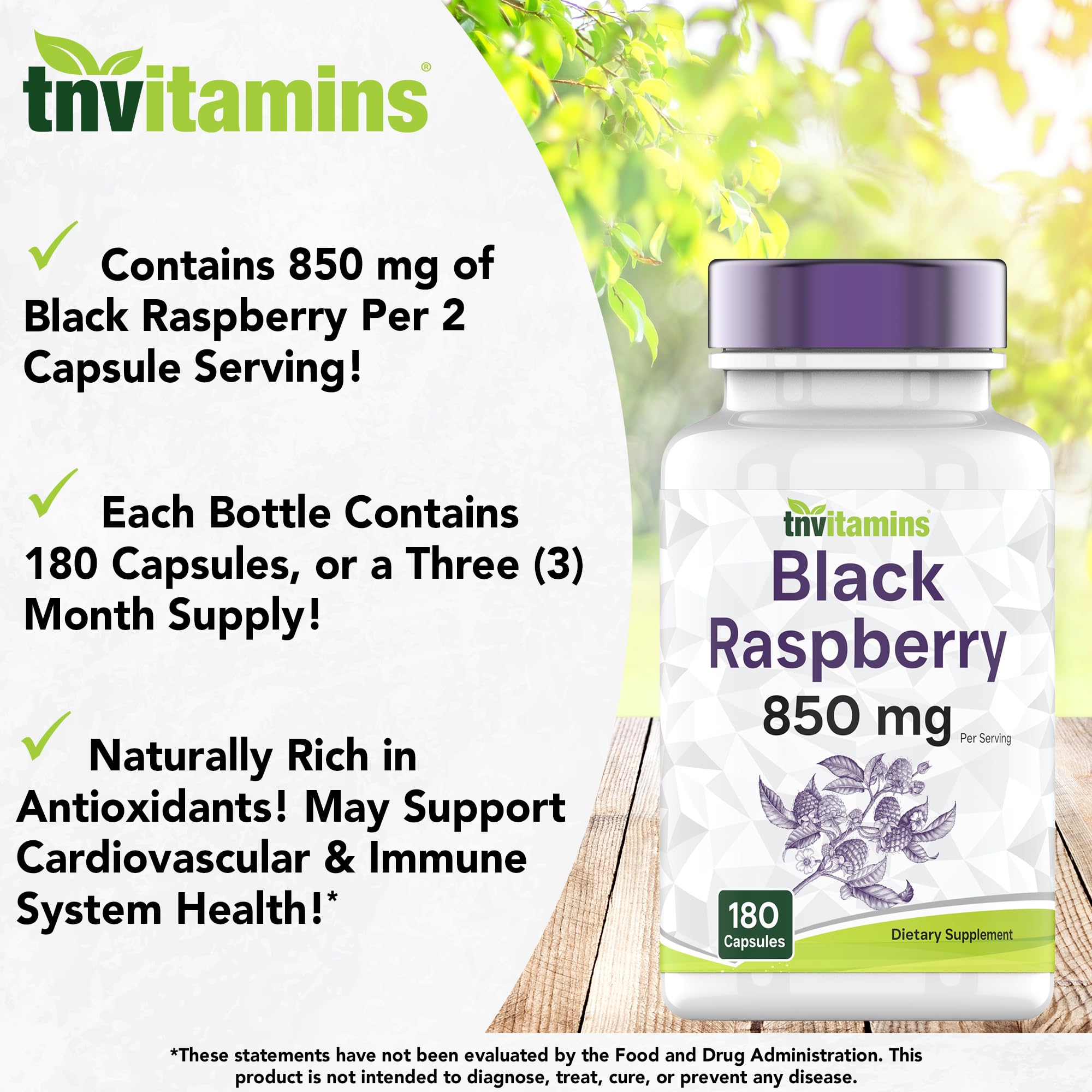 tnvitamins Black Raspberry Capsules serving size 2 capsules per serving for convenient dosing.