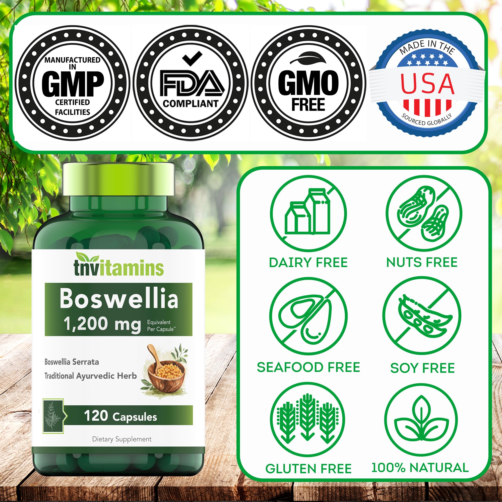 tnvitamins Boswellia capsules package with serving info for easy daily use