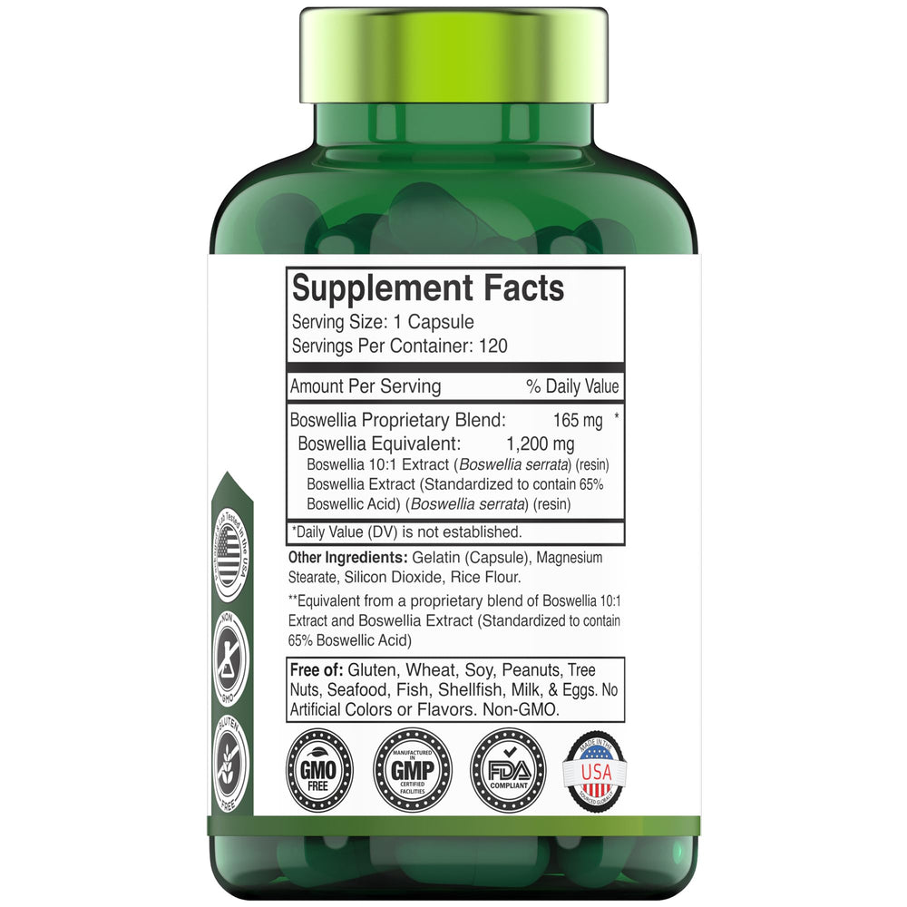 tnvitamins Boswellia capsules label shows 1,200 mg per capsule potency