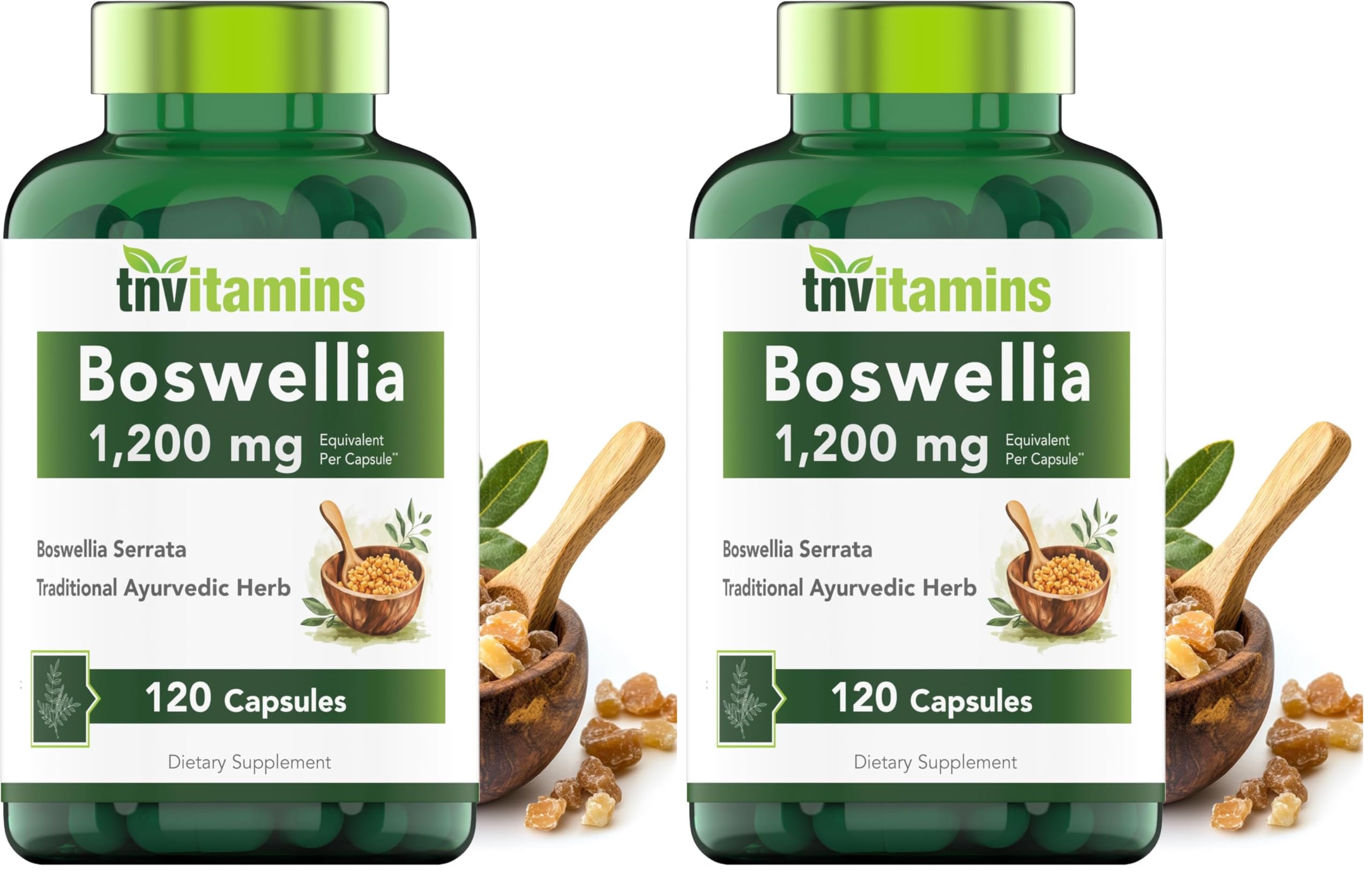 tnvitamins Boswellia Serrata capsule bottle closeup showing 1200 mg per capsule for joint support