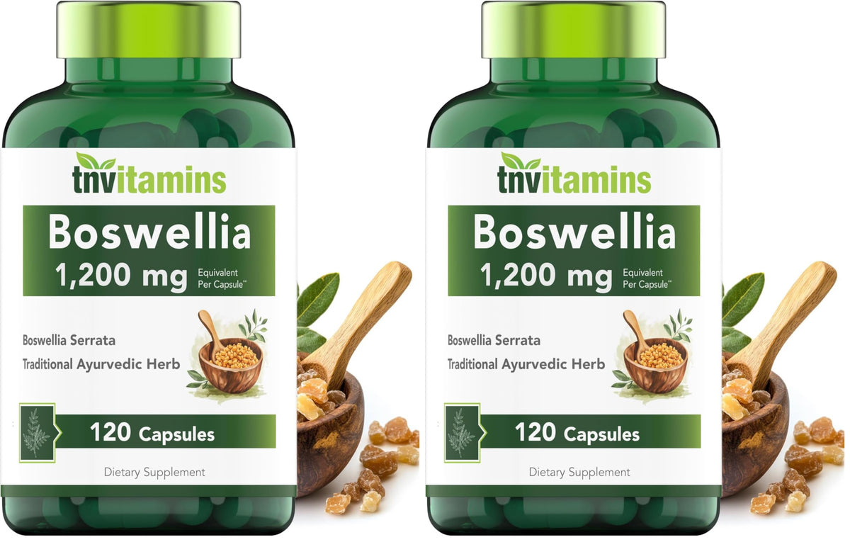 tnvitamins Boswellia Serrata capsule bottle closeup showing 1200 mg per capsule for joint support