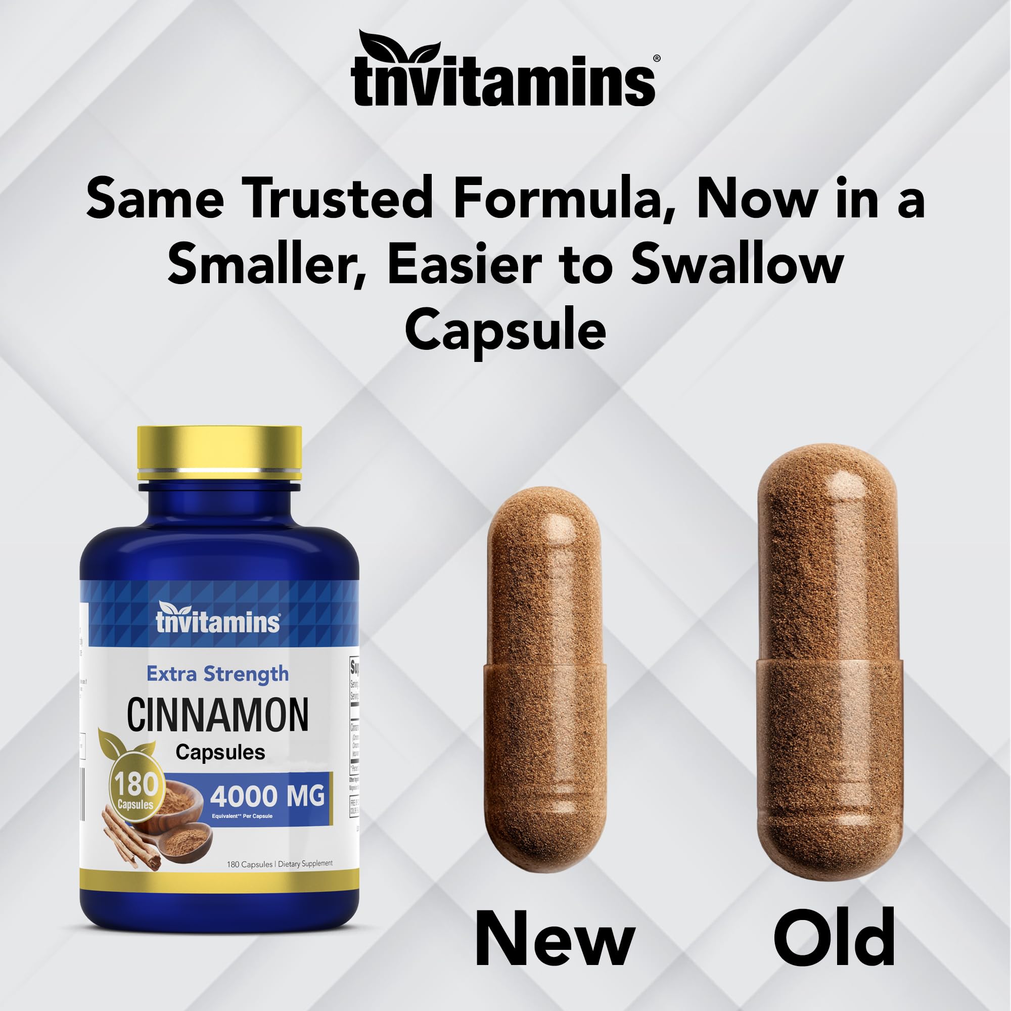 tnvitamins Cinnamon capsules close-up showcasing strong texture and form