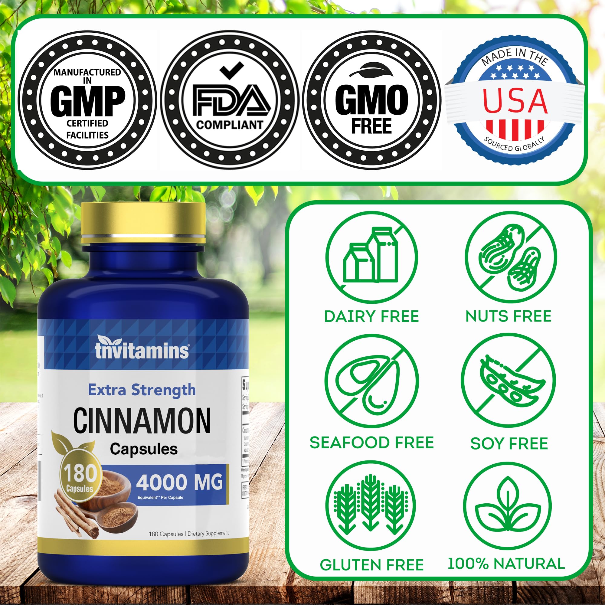 tnvitamins Cinnamon packaging confirms USA-made production and allergen-friendly formula