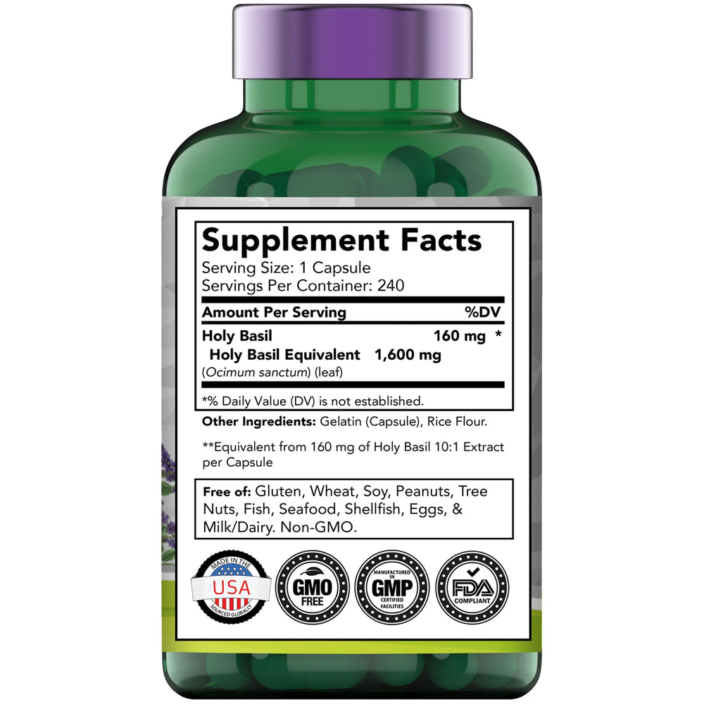 tnvitamins Holy Basil Capsules bottle back with dosage and usage notes