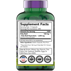 tnvitamins Holy Basil Capsules bottle back with dosage and usage notes