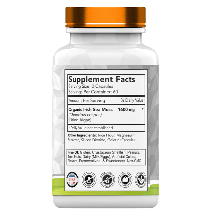 TNVitamins Organic Irish Sea Moss capsules close-up for daily supplementation.