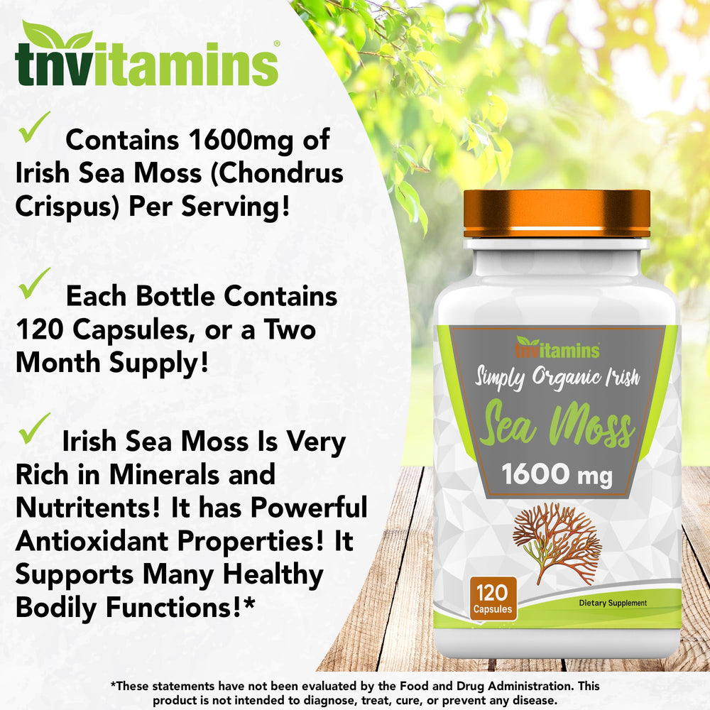 TNVitamins Organic Irish Sea Moss label close-up with non-GMO and USA-made status.