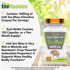TNVitamins Organic Irish Sea Moss label close-up with non-GMO and USA-made status.